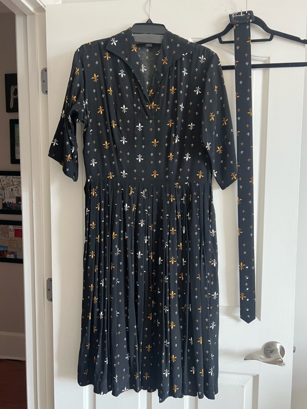Trashy Diva fleur-de-lis Print Pleated Midi Dress with Matching Belt